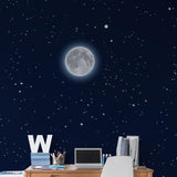 Moonlight Wallpaper by Wall Blush in stylish home office, featuring a celestial theme with stars and full moon.
