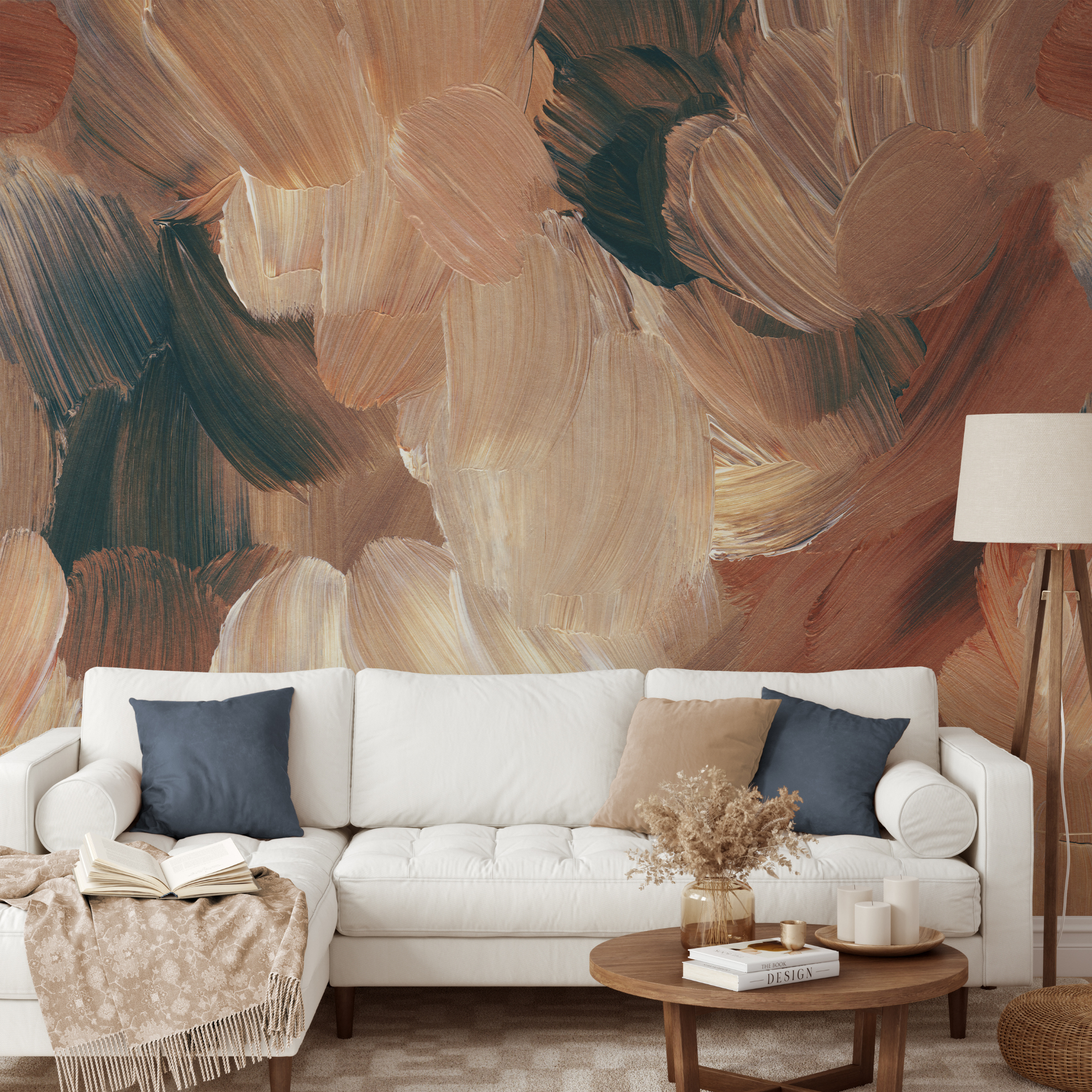 "My Darling Wallpaper by Wall Blush in a cozy living room, focusing on the vibrant abstract design."