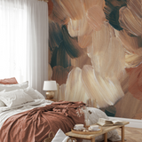 "Wall Blush's My Darling Wallpaper showcasing its elegant brushstroke design in a cozy bedroom setting."