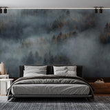 Mystic Wallpaper by Wall Blush SG02 in modern bedroom, featuring tranquil forest design as focal wall.

