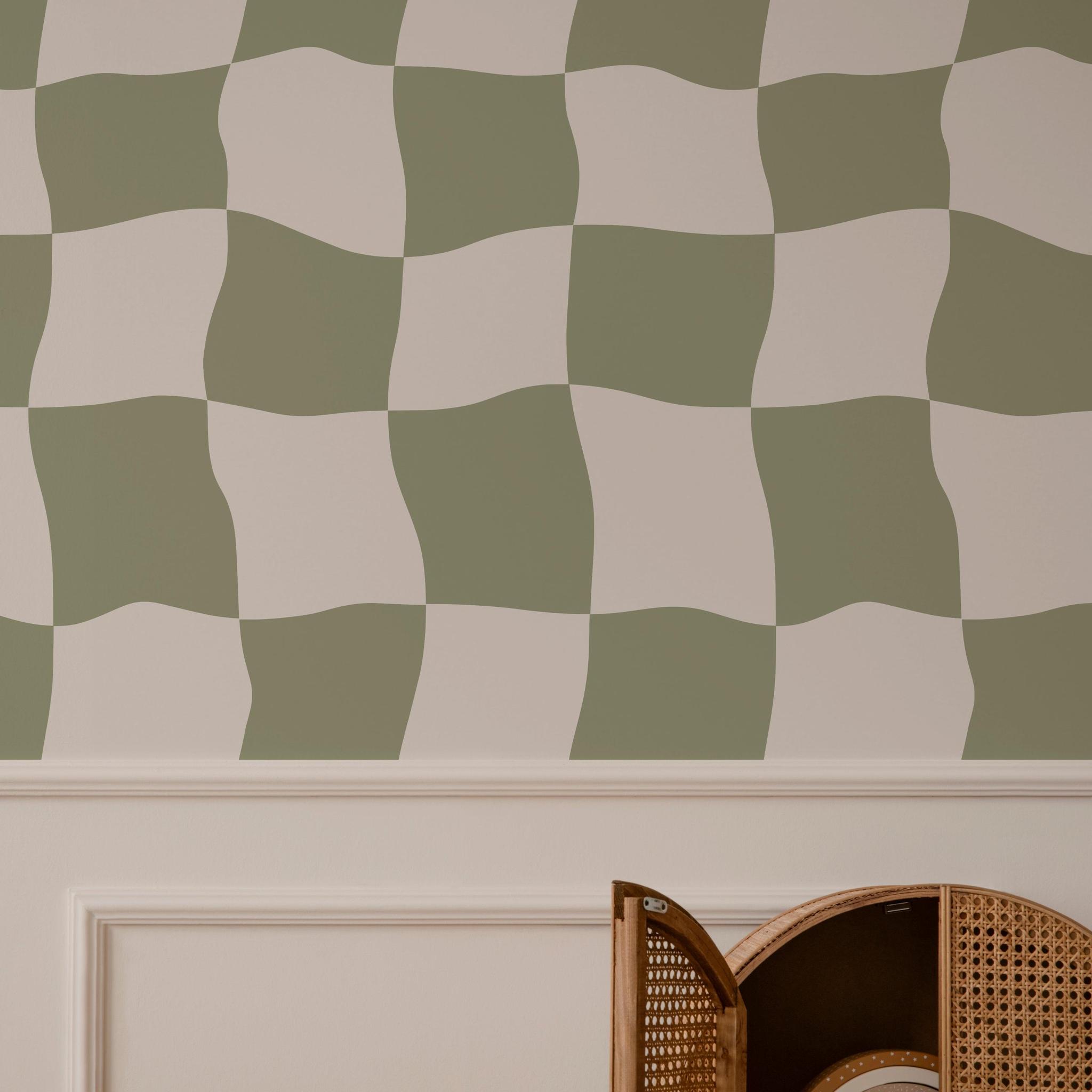 Nelly Wallpaper by Wall Blush SG02 in a child's room with playful green and beige pattern focus
