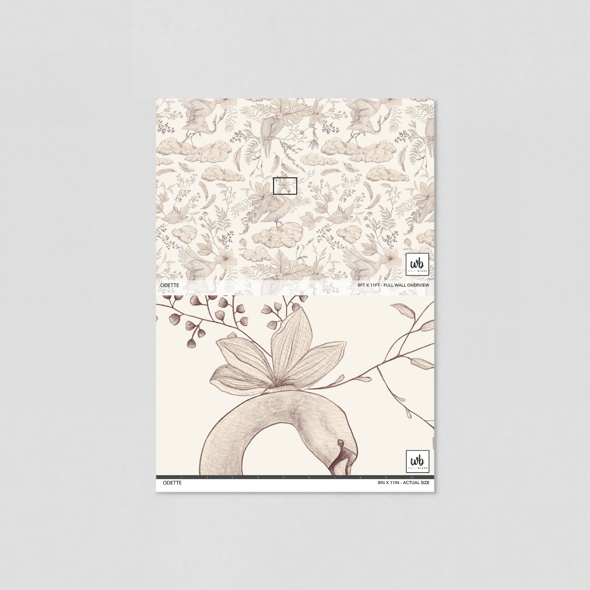 "Odette Wallpaper sample with botanical print from Wall Blush in a neutral living room setting, highlighting wall decor."