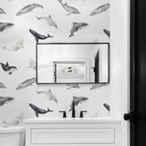 Modern bathroom featuring the Odyssey Wallpaper by Wall Blush SG02 with elegant whale design.
