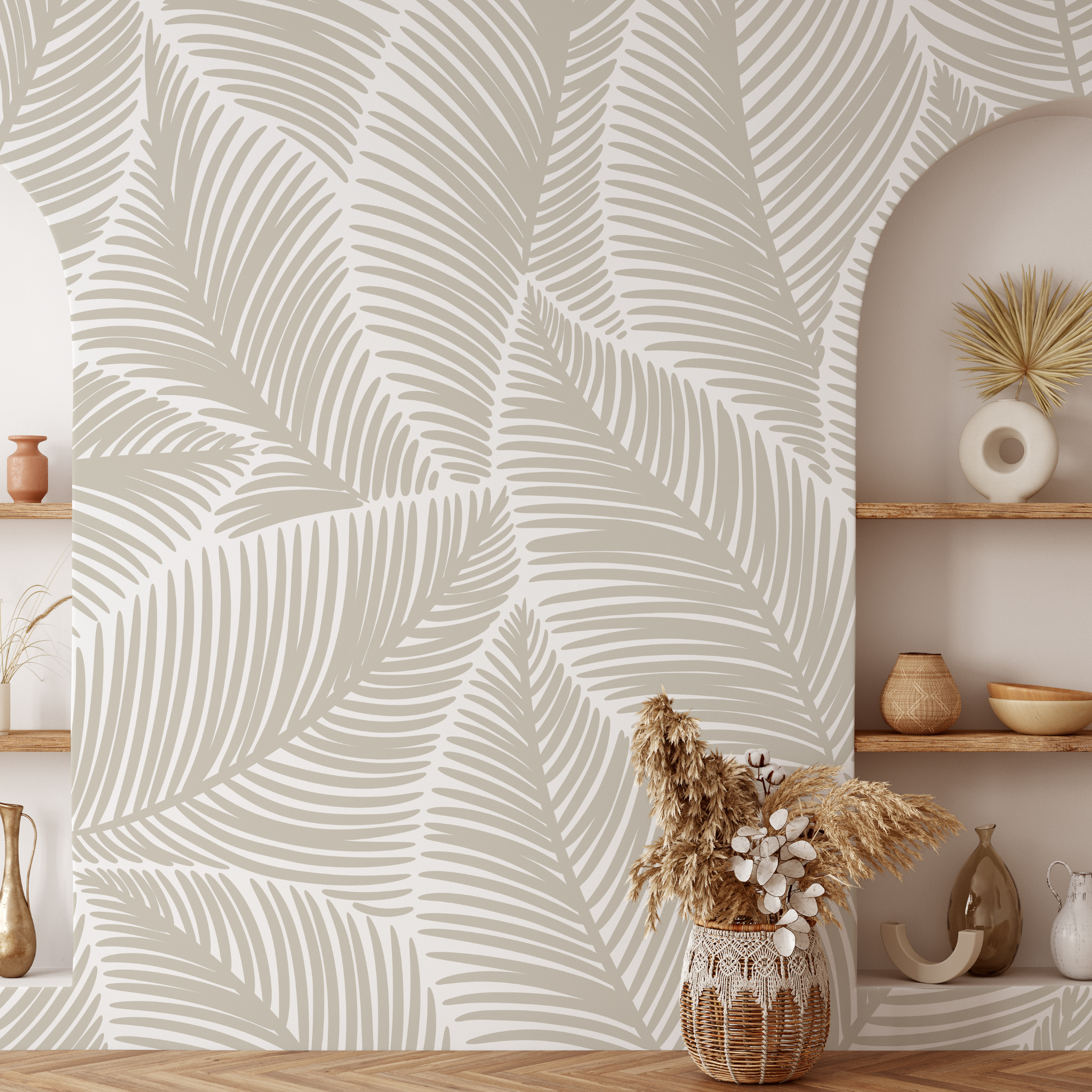"Wall Blush Ohana Wallpaper in modern living room with stylish neutral-toned leaf design."