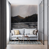 Alt: "Wall Blush's 'Solitude Wallpaper' in a modern living room, featuring a serene mountainscape as the focal point."