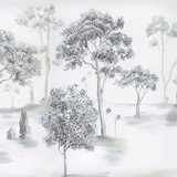 "Otilia Wallpaper by Wall Blush in a serene bedroom setting, showcasing elegant tree design focus."