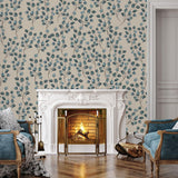 Paisley & Stone Wallpaper by Wall Blush in a cozy living room with a fireplace, highlighting elegant wall decor.
