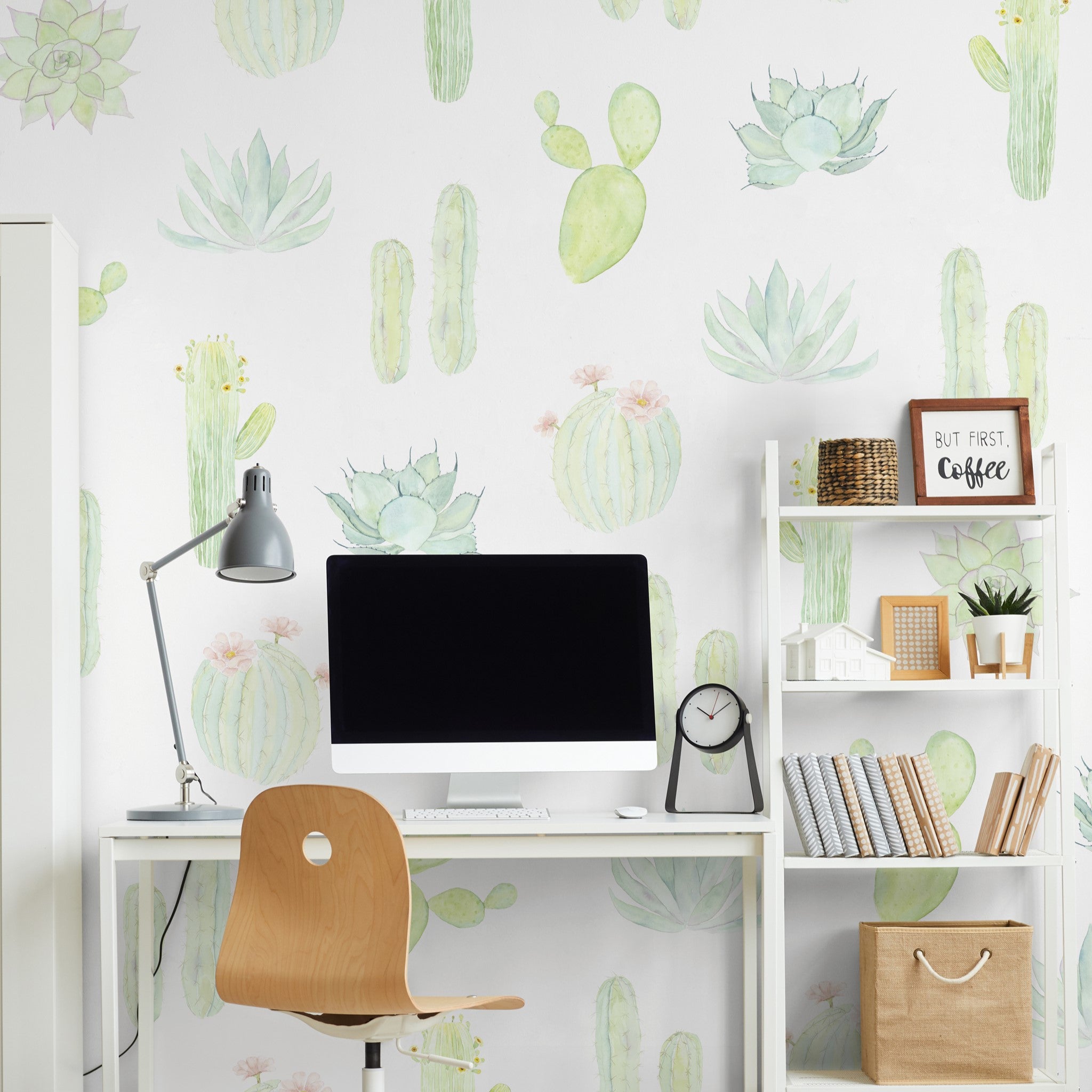 "Home office with Wall Blush 'Petals and Prickles (Large) Wallpaper' featuring cactus patterns."