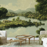 "Piedmont Wallpaper by Wall Blush in cozy living room, scenic landscape design focus, elegant home decor."
