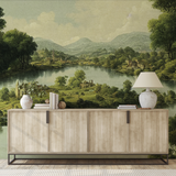 Alt text: "Elegant Piedmont Wallpaper by Wall Blush with pastoral landscape design in a modern living room, highlighting décor and furniture."
