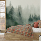 "Pinetop Wallpaper by Wall Blush in cozy bedroom, highlighting forest design for a tranquil ambiance."