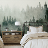 "Wall Blush Pinetop Wallpaper showcasing a tranquil forest design in a cozy bedroom with emphasis on the detailed wall art."