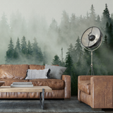 "Wall Blush Pinetop Wallpaper showcasing a forest scene as the focal point in a stylish living room setting."