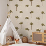 Bay of Palms wallpaper by Wall Blush AW01 in a cozy children's room with playful decor accents
