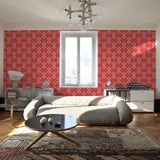 "Stylish living room featuring Wall Blush's Margot Wallpaper with bold patterns and modern decor."