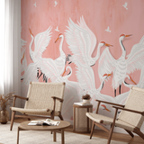 "Elegant Ponderosa Wallpaper by Wall Blush in a stylish living room with chic decor, highlighting intricate bird designs."