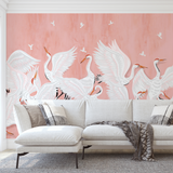 "Pink Ponderosa Wallpaper by Wall Blush with stork design in a stylish living room, highlighting wall decor."