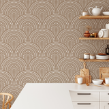 "Rae Wallpaper by Wall Blush in a stylish kitchen with patterned wall focus and modern decor."