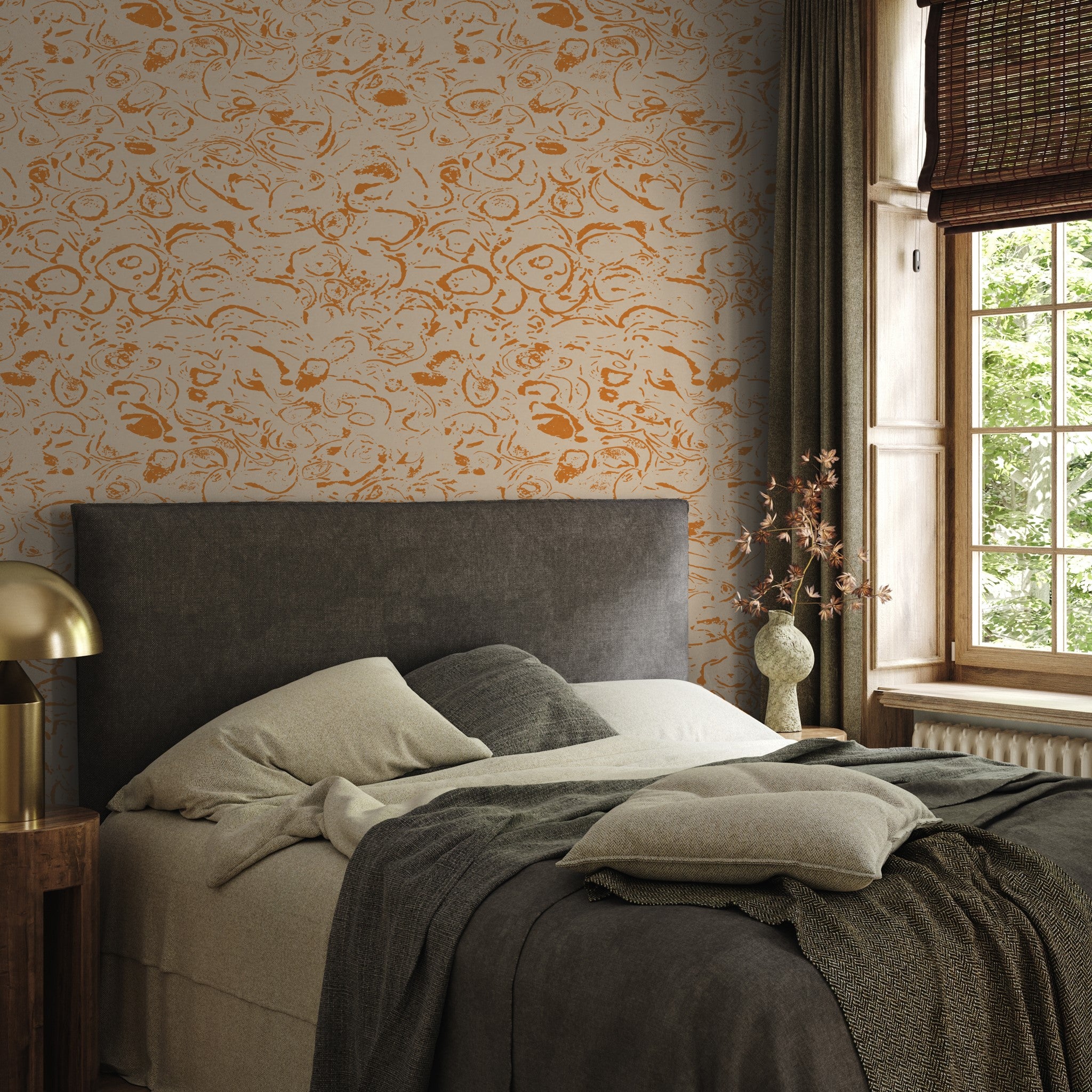 "Wall Blush Ranger Wallpaper in cozy bedroom with modern charcoal bed and natural lighting"