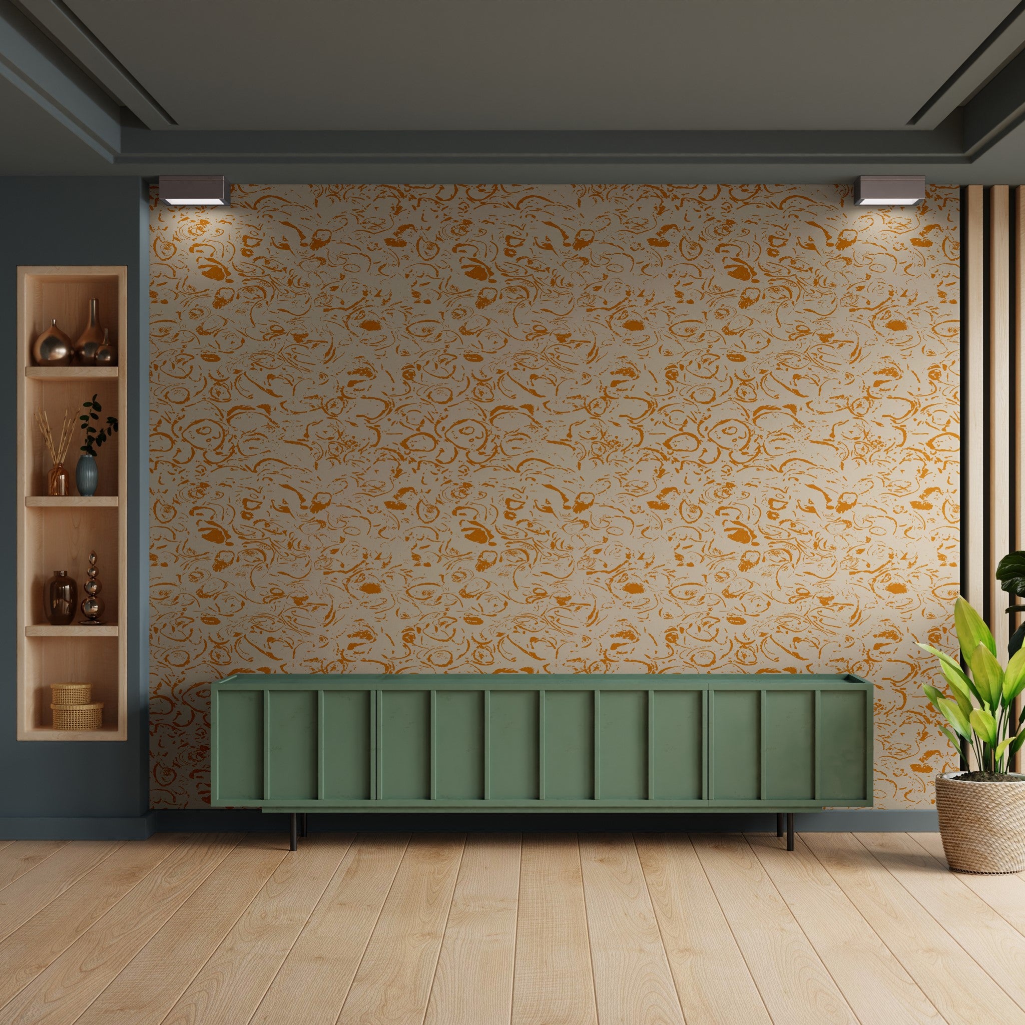 "Ranger Wallpaper by Wall Blush in a modern living room emphasizing elegant wall decor."