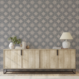 "Wall Blush Reality Star (Blue) Wallpaper in modern living room, stylish sideboard decor, focus on wall pattern."