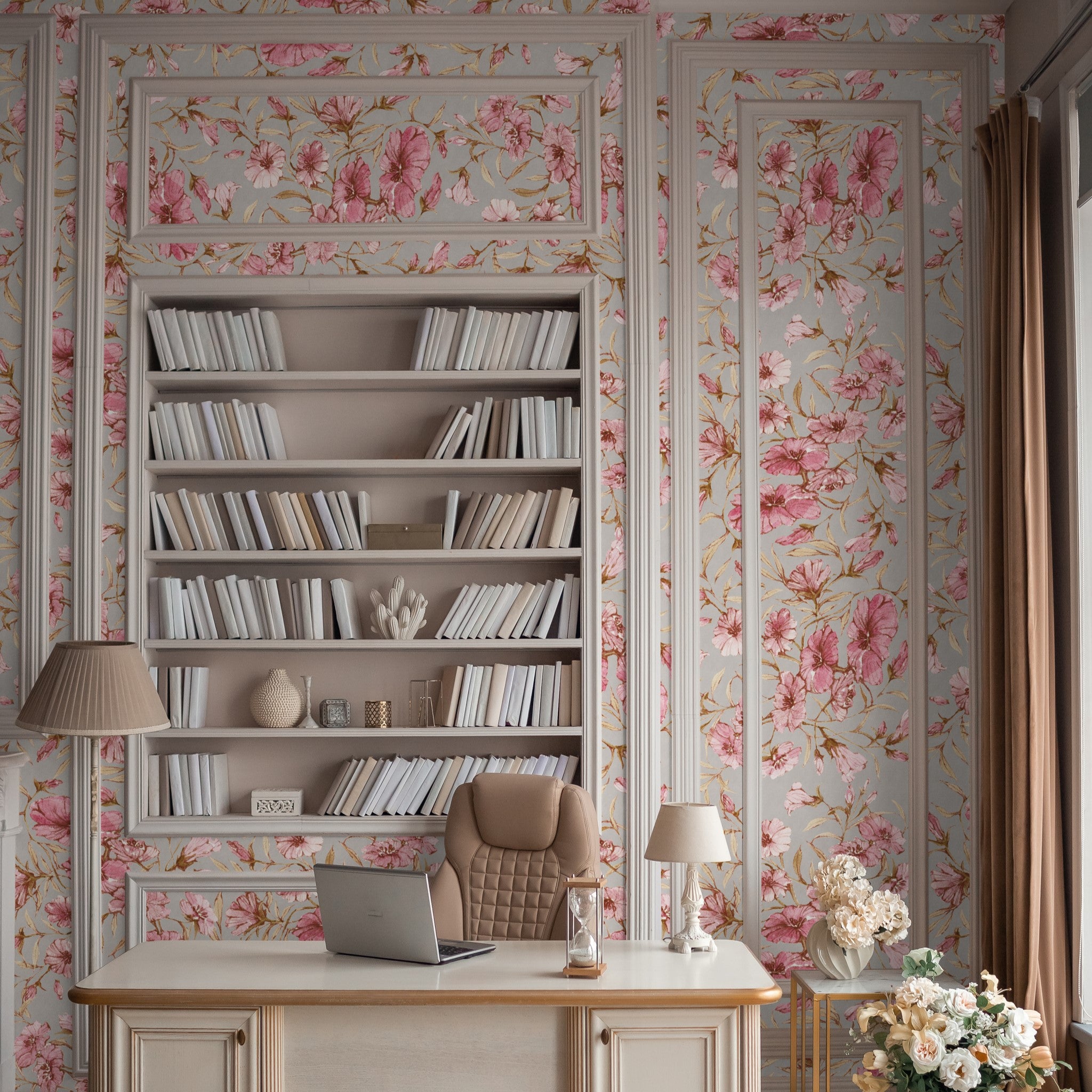 "Wall Blush Rebecca Wallpaper highlighting a sophisticated home office design with elegant floral patterns."
