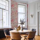 "Wall Blush's Rebecca Wallpaper enhancing a cozy dining room interior with floral elegance and charm."
