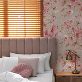 "Rebecca Wallpaper by Wall Blush with floral pattern in a cozy bedroom setting, emphasizing wallpaper elegance."