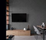 See You Slater Wallpaper from The Kail Lowry Line in a modern living room setup, highlighting elegant herringbone pattern.
