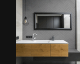 See You Slater Wallpaper from The Kail Lowry Line featured in a modern bathroom, highlighting sleek design focus.
