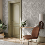 "Wall Blush Shea Wallpaper in elegant home office with modern desk and chair, leafy pattern focus"