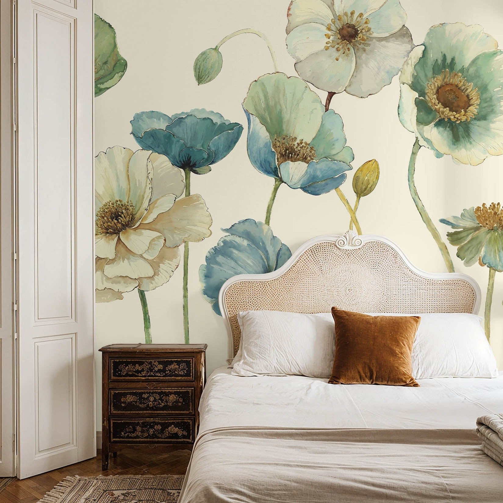 "Meadow Whispers (Cream) Wallpaper by Wall Blush enhancing a cozy bedroom interior with elegant floral design focus."