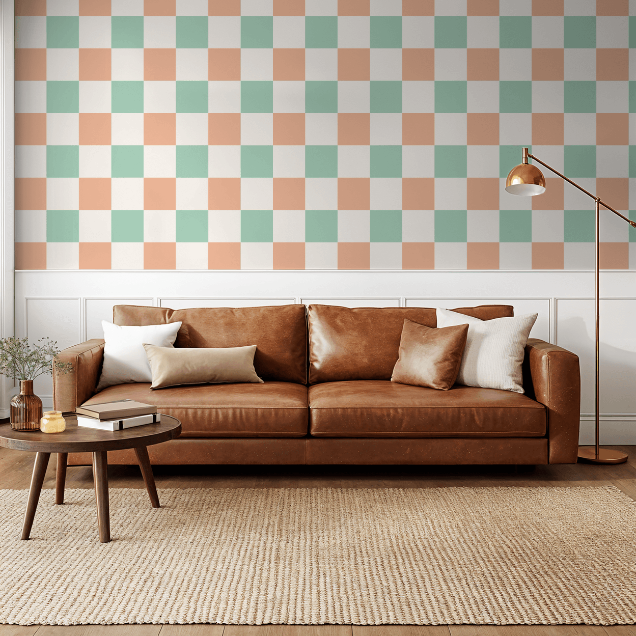 Simply Checker (Peach & Teal) Wallpaper