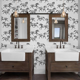 Spirit Wallpaper by Wall Blush SG02 in a modern bathroom, highlighting the unique horse pattern design.
