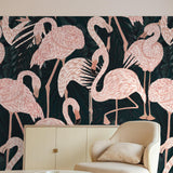 St. Croix Wallpaper with flamingo pattern by Wall Blush SG02 in a stylish living room.
