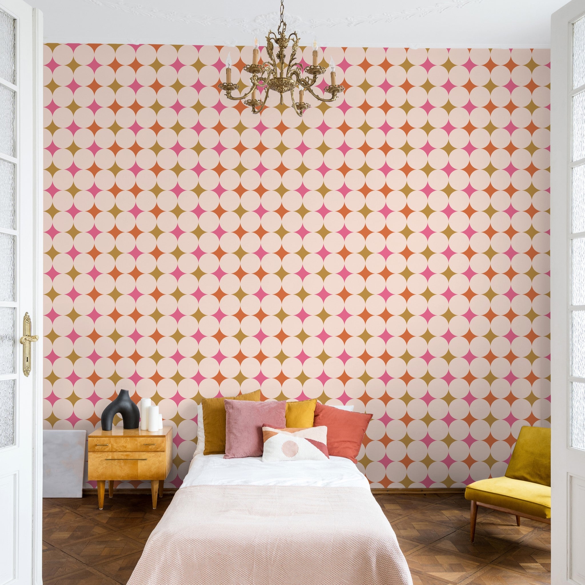 "Starry Wallpaper by Wall Blush accentuating a bedroom's interior with patterned focus wall design."