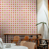 "Wall Blush Starry Wallpaper featured in modern cafe interior, highlighting vibrant wall decor focus."