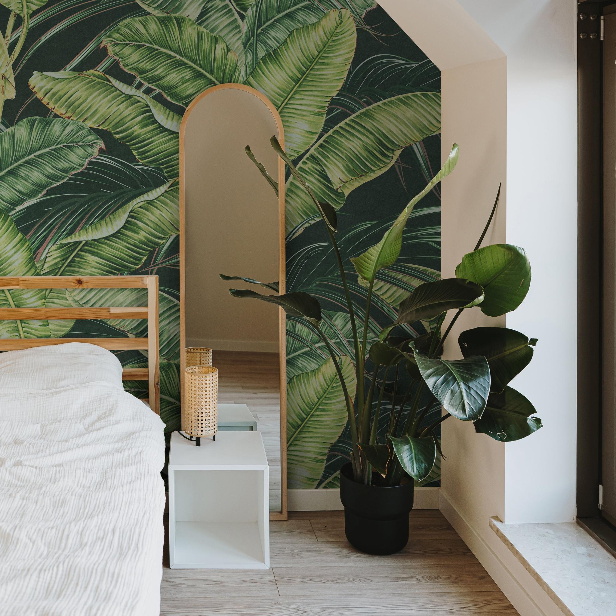 "Wall Blush Sterlitzia Wallpaper in a modern bedroom highlighting lush tropical design focus."