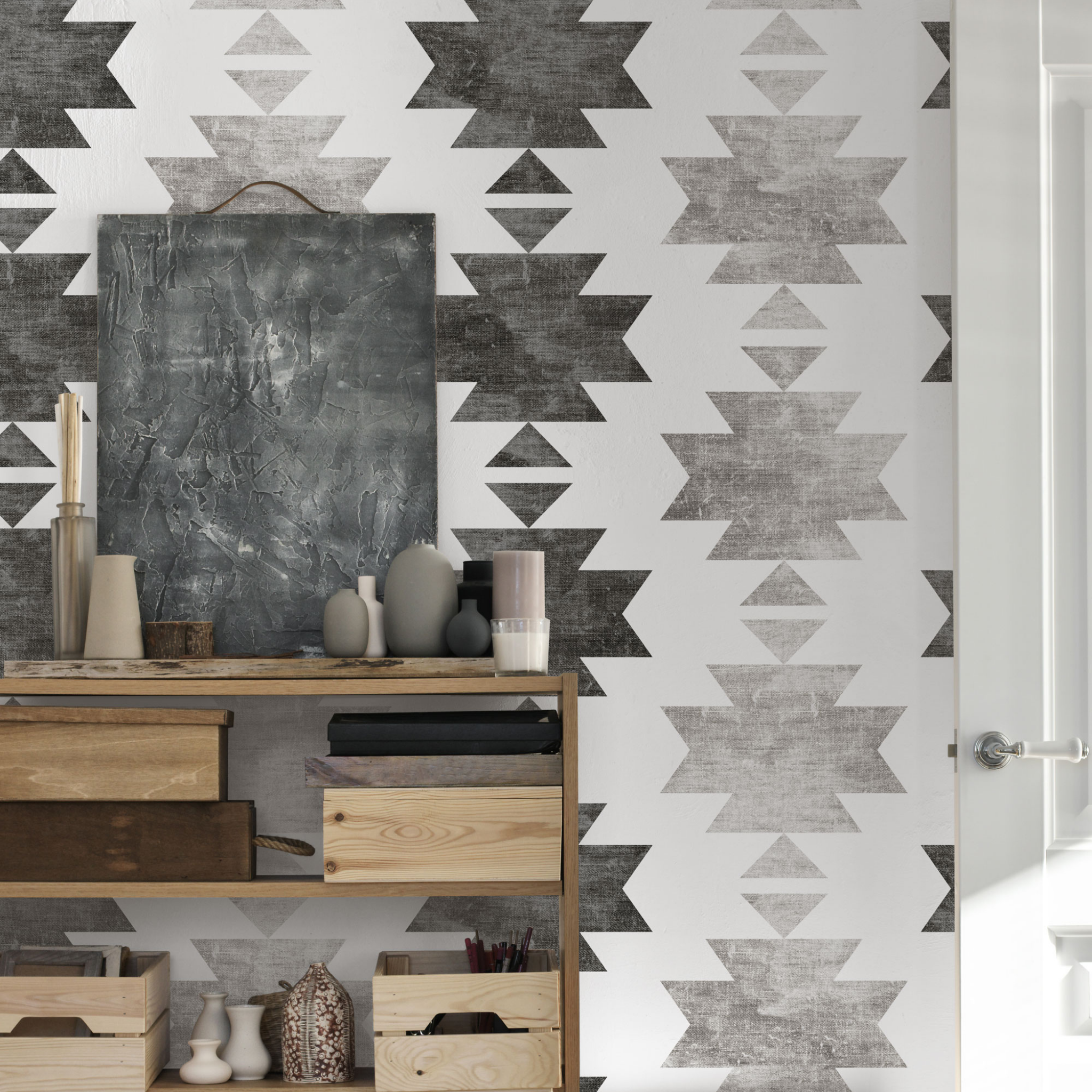 "Stevie Wallpaper by Wall Blush adorns a modern bathroom, offering stylish monochrome decor."