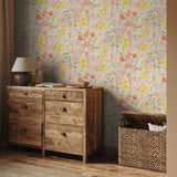 "Colorful Susan Wallpaper by Wall Blush in a modern living room, highlighting focus on the floral design."