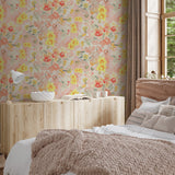 "Cozy bedroom featuring Wall Blush's Susan Wallpaper with floral design, highlighting wallpaper as focal point."