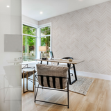 "Wall Blush Sweet Cream Wallpaper in a modern home office with herringbone pattern focus"