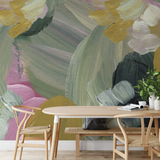 "Talia Wallpaper by Wall Blush in a modern dining room with vibrant, artistic floral design."