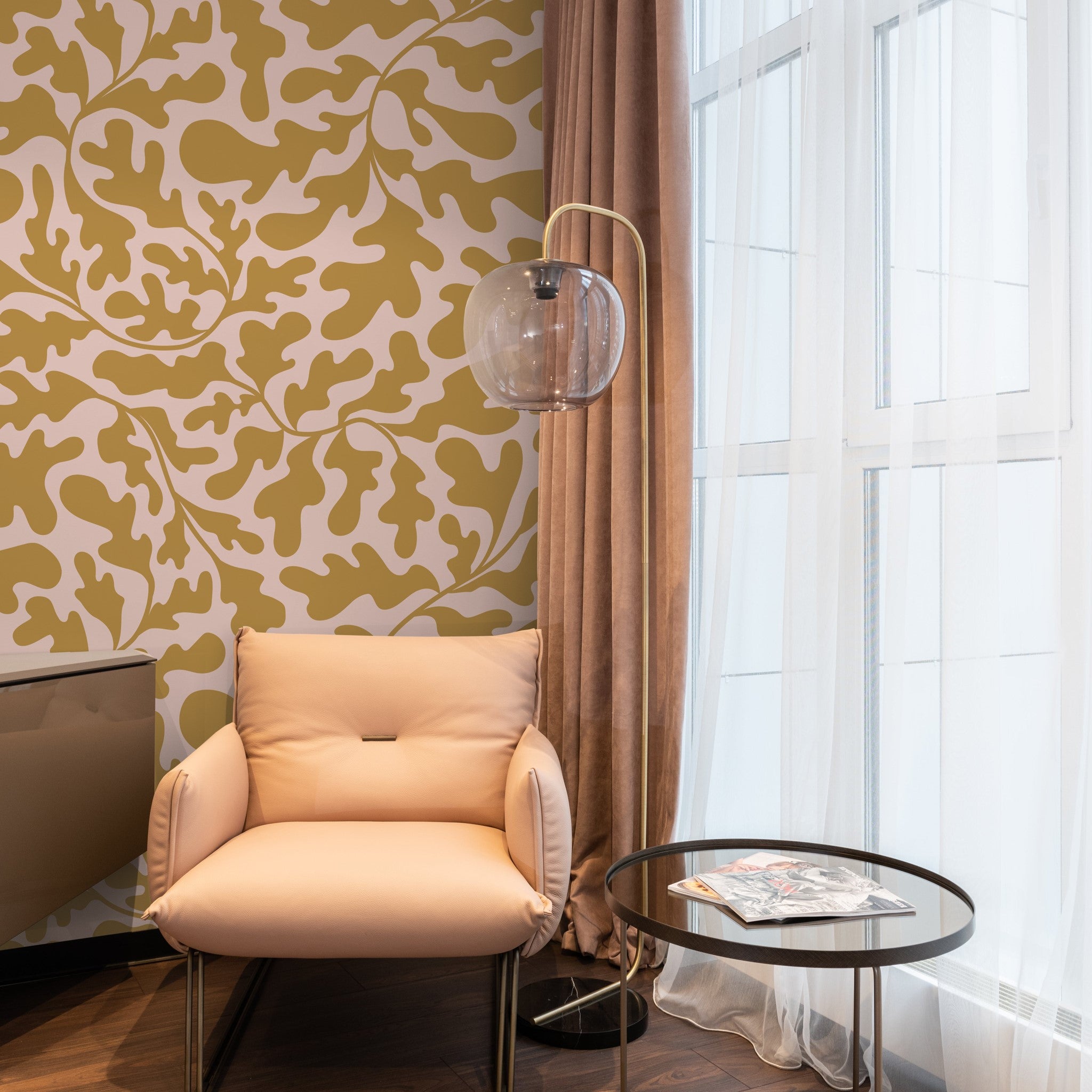 "Tawnie Wallpaper by Wall Blush featuring in a modern living room setting, accentuating the stylish decor."