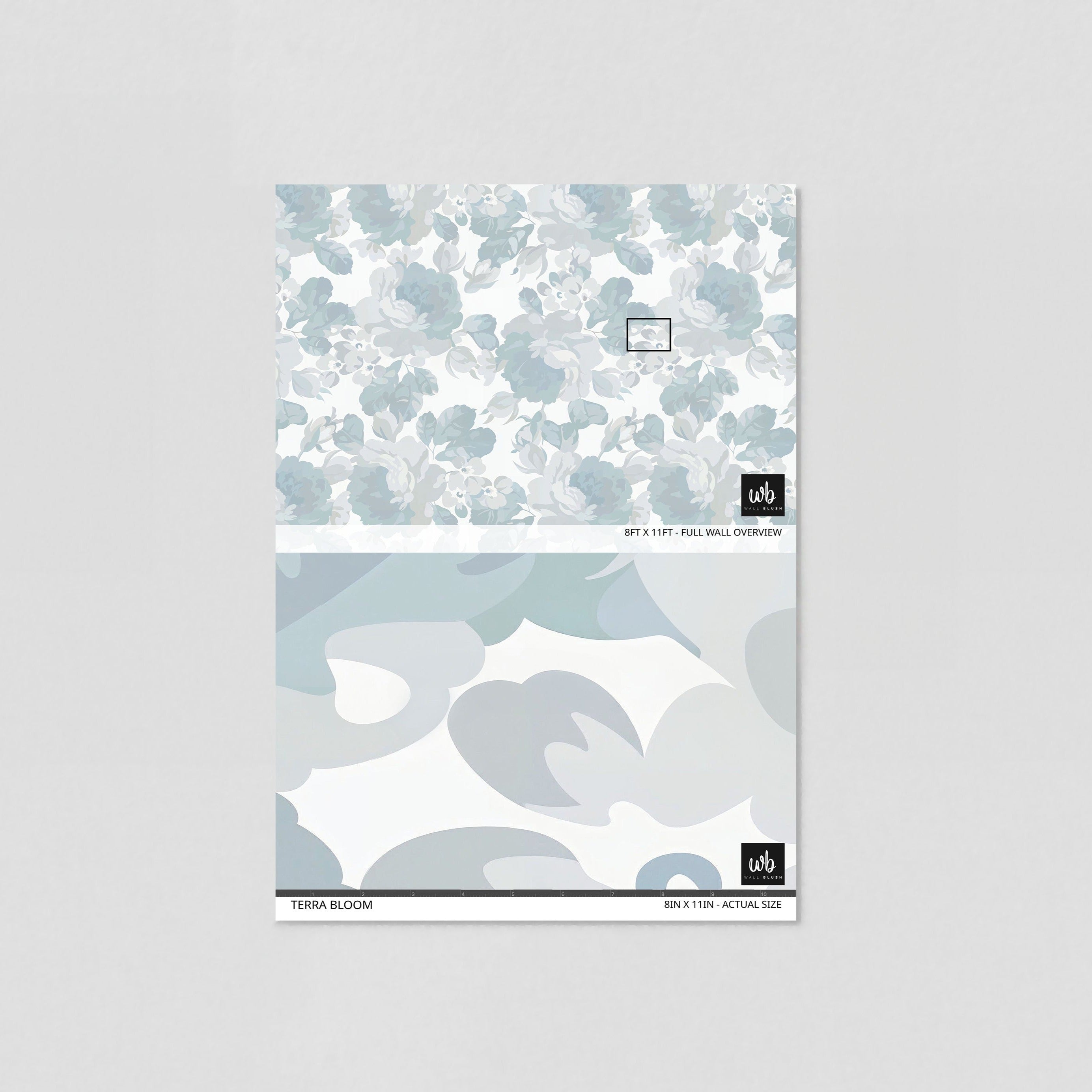 "Terra Bloom Wallpaper by Wall Blush, elegant floral design in a sample presentation, focus on detail for home decor."