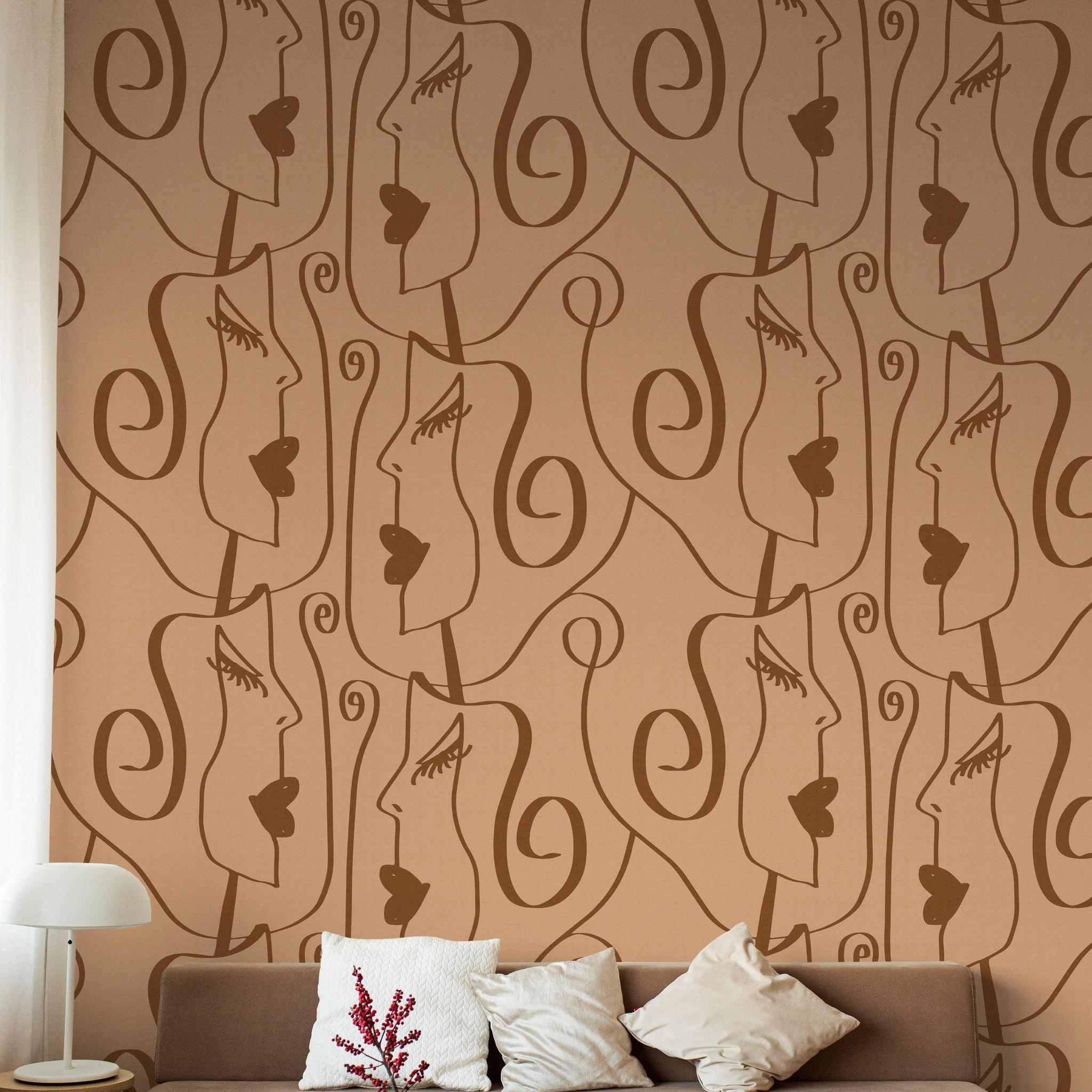 Tess Wallpaper by Wall Blush SG02 in a cozy living room with modern sofa and decor, highlighting stylish design.
