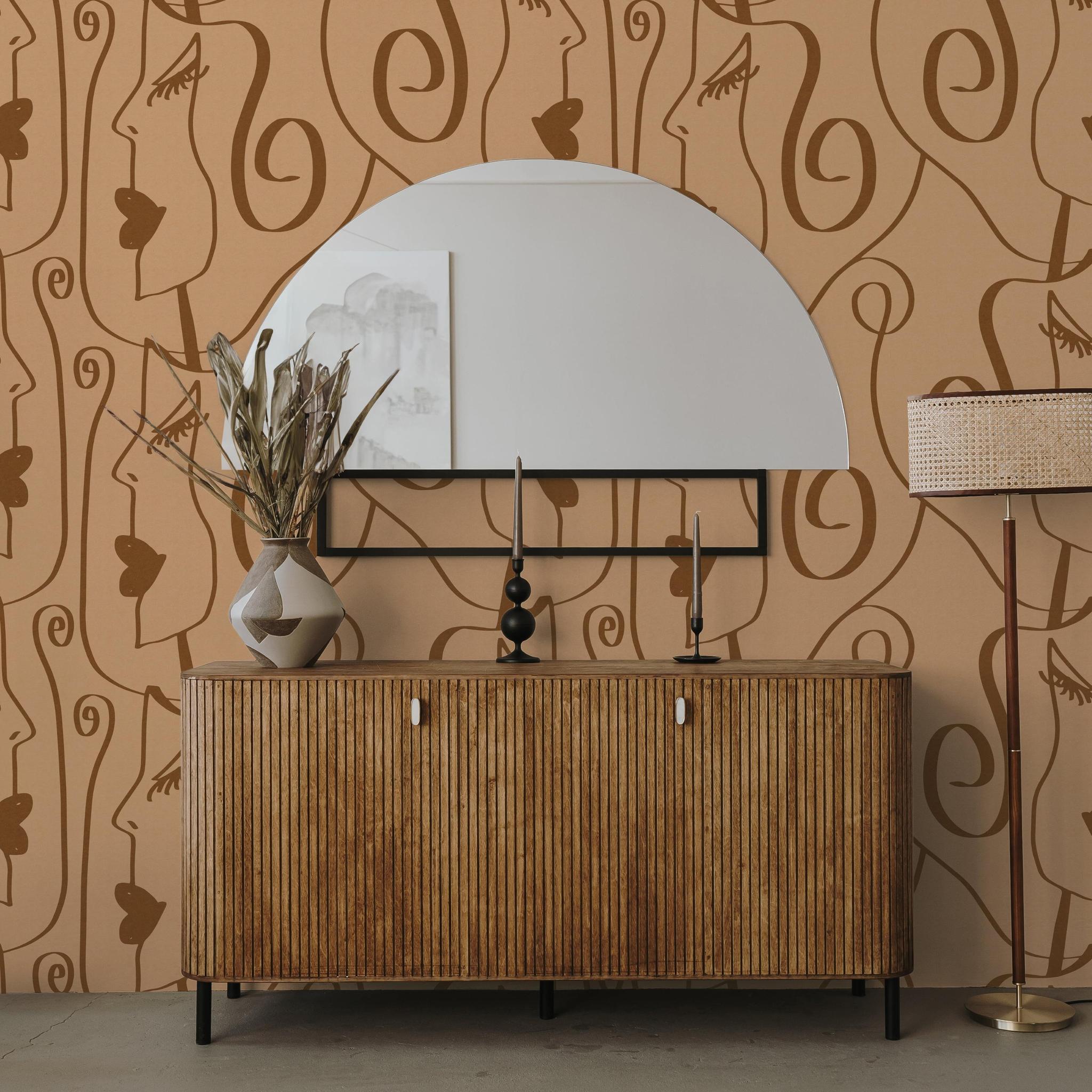 Tess Wallpaper by Wall Blush SG02 in a stylish living room with face patterns and modern decor.
