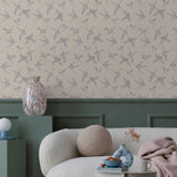 "The Cheery Wallpaper by Wall Blush in cozy living room setting, with focus on elegant floral design."