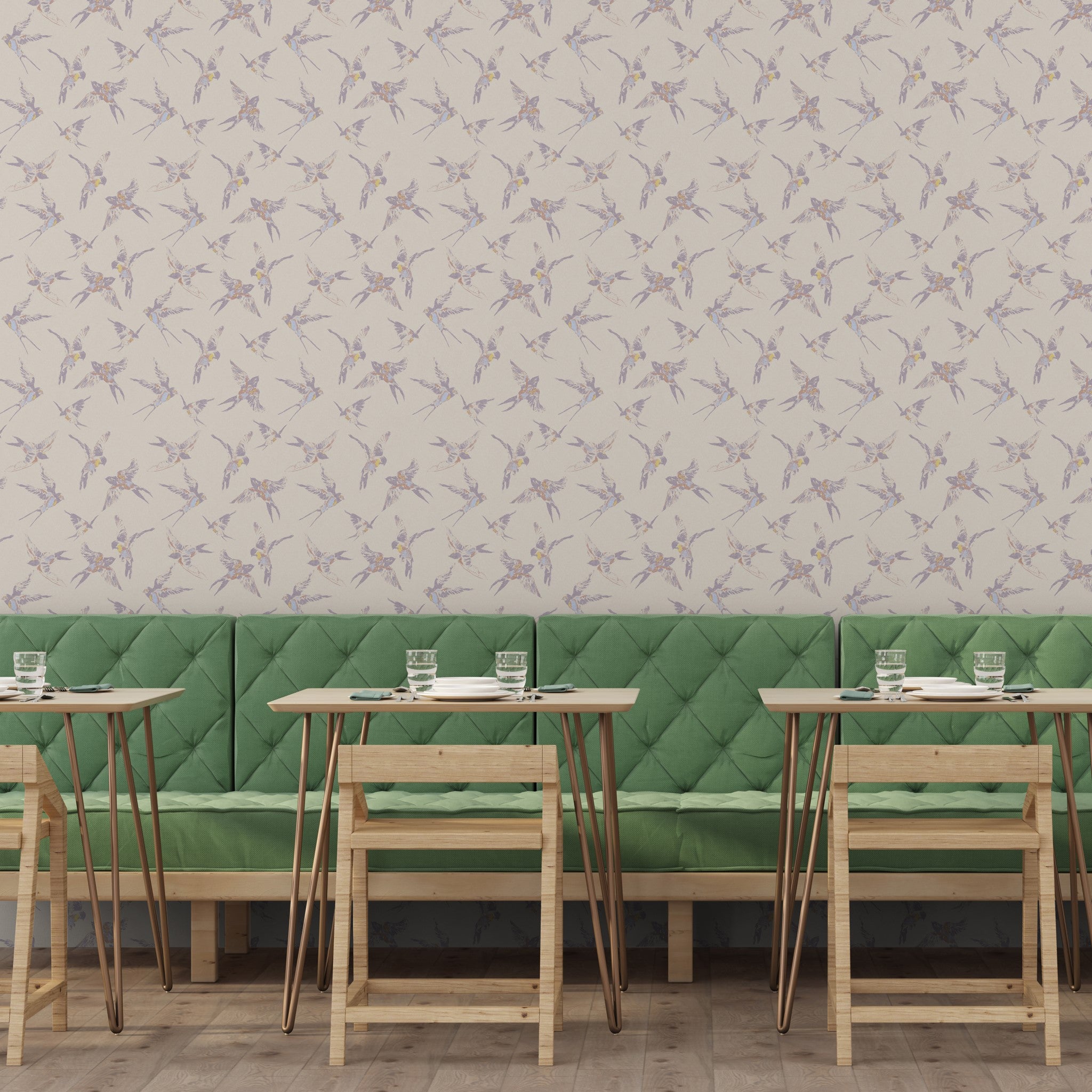 "The Cheery Wallpaper by Wall Blush in a modern dining room, featuring elegant bird patterns as the focal point."