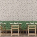 "The Cheery Wallpaper by Wall Blush in a modern dining room, featuring elegant bird patterns as the focal point."